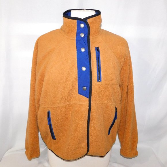 American Eagle Snap Front Sherpa Fleece Jacket Blue Tan Brown Womens XS - Picture 1 of 11